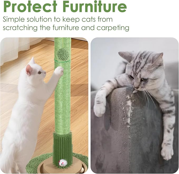 41.5" Cactus Cat Scratching Post, Heavy Duty Sisal Scratcher with Interactive Ball & Grooming Brush, Stable Anti-Tip Cat Tree for Indoor Cats & Large Cats