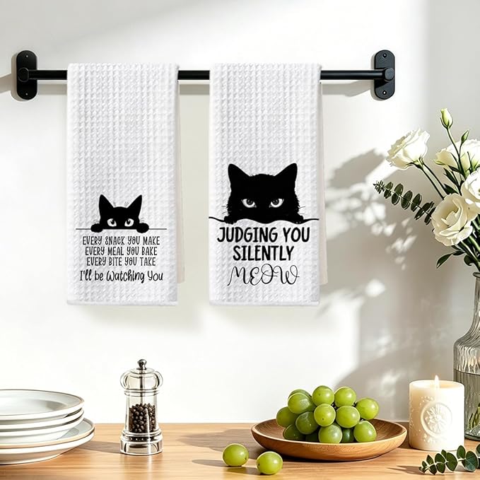 Hanamiya Na 2Pcs Funny Cat Kitchen Towels 24x14 Inch, Reusable Durable Microfiber Dish Towel, Funny Quotes Tea Towels for Kitchen Home Bathroom Farmhouse Decor, Cat Gifts for Women Mom Friend