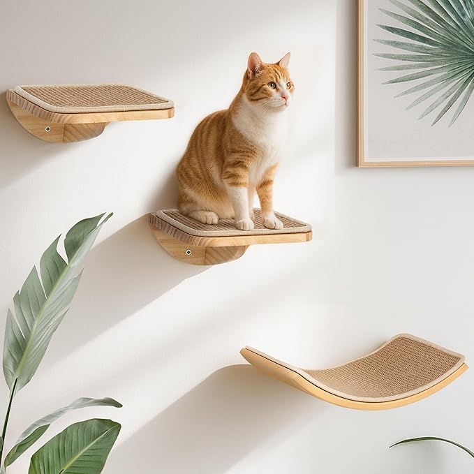 Wall Mounted Cat Steps 2 Pack – Square Wood Cats Shelves with Sisal Mat for Climbing, Jumping & Resting