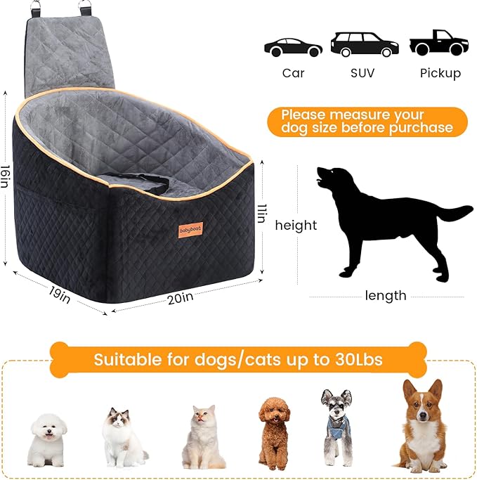 Dog Booster Car Seat for Small & Medium Dogs Up to 35lbs, Dog Car Seat with 2 Height Cushion, Portable Travel Bed for Front & Back Seats with Remove Cover, Storage Pocket - Black