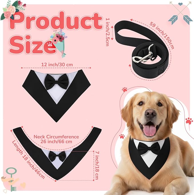 Gilprop 4 Pcs Formal Dog Outfit Dog Tuxedo Sets with Bowtie Wedding Dogs Bandana Collar with Nylon Leash Wedding Outfit Suit Adjustable Pet Party Costumes for Birthday(Black,Pink,Large:21"-24.5")