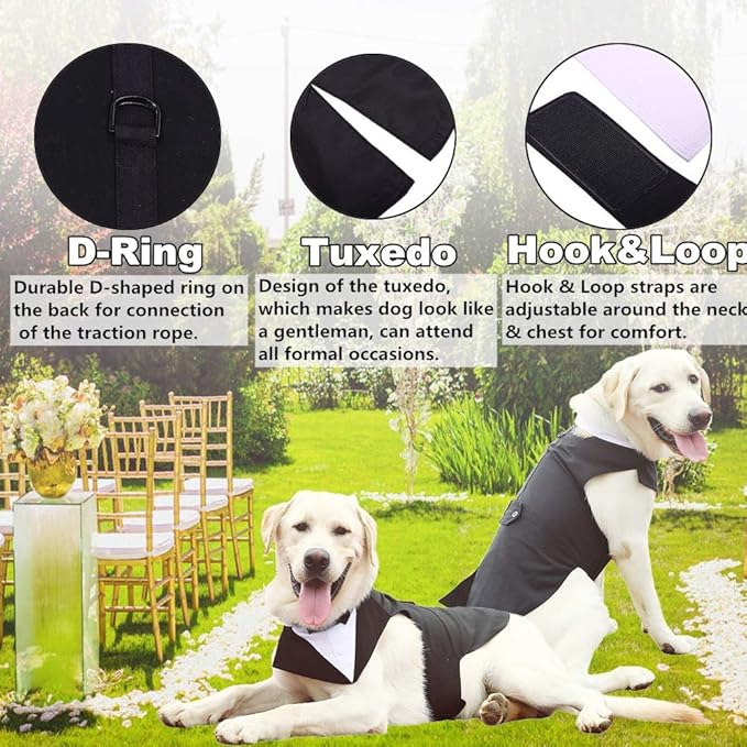 QBLEEV Dog Tuxedo Suit with Bow Tie, Formal Gentleman Dog Tux Costume and Bandana Set for Wedding Outfit Birthday Party Cosplay Photo Shoot, Doggy Prince Attire for Siberian Husky Border Collie