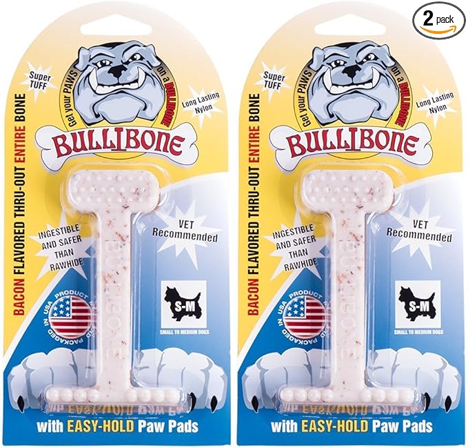 Bullibone Nylon Dog Chew Toy for Aggressive Chewers - Dental Hygiene Bone with Bacon Flavor, Durable Tough Chew Toys for Small Dogs, Indestructible Dog Bone - 2 Pack