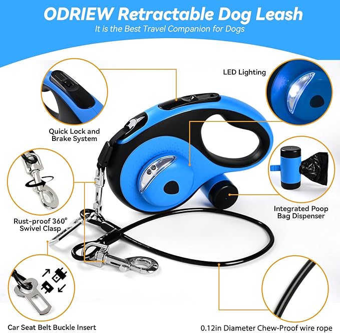 Heavy Duty Retractable Dog Leash for Large Dogs, 26ft Dog Leash with Poop Bag Holder, Up to 110lbs, chew Proof Cable, LED Light, 360° No-Tangle, One-Handed Pause & Locked (Blue, L 26ft)