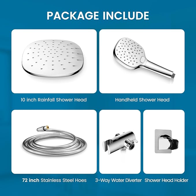 PWERAN 10" High Pressure Rain Shower Head with Handheld, Rainfall Shower Heads with 3-Mode Handheld Spray Combo, Detachable Hand Held Showerhead,71'' Hose and Holder for Kids, Pet & Elderly