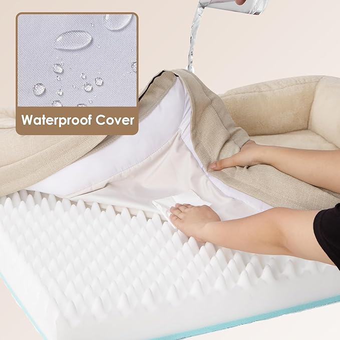 EHEYCIGA Orthopedic Dog Bed for Medium Dog, 35x22 Inch Memory Foam Dog Couch Bed with Sides, Waterproof Liner & Washable Removable Cover, Bolster Pet Sofa, Beige