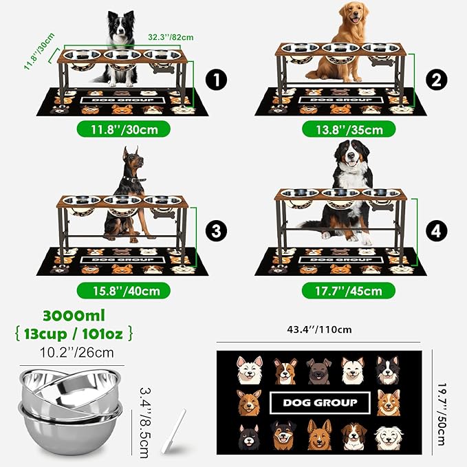 SHAINFUN Adjustable Height Elevated Dog Bowl Stand for Large & Extra Large Dogs – Wooden Raised Dog Bowls with Three 101oz Stainless Steel Bowls & Mat, Stainless Steel Food & Water Station