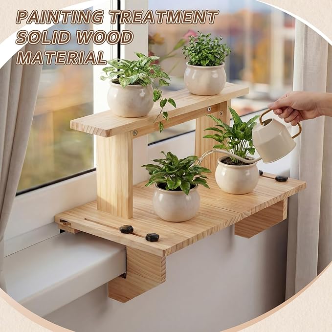 Double-layer Window Sill Extender Plant Shelf, 20+21 Inch Detachable Adjustable Window Sill Extender Shelf Stand for Plants Cat Perch, Renter Friendly No Drilling/Damage