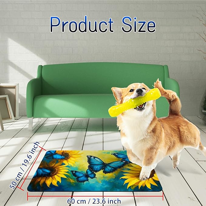 Dog Food Mat, 19.6" x 23.6" Absorbent Pet Feeding Mat for Food and Water, Waterproof Diatom Mud Pet Placemat with Non-Slip Rubber Backing, Cat Bowl Mat for Floors - Blue Butterfly Sunflower