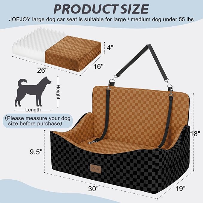 JOEJOY Dog Car Seat for Medium/Large Dogs - Reversible Dual-Sided Travel Dog Car Bed with Memory Foam, Washable Pet Booster Seat for Do gs up to 55 lbs or 2 Small Dogs, 2 Safety Leashes, Brown