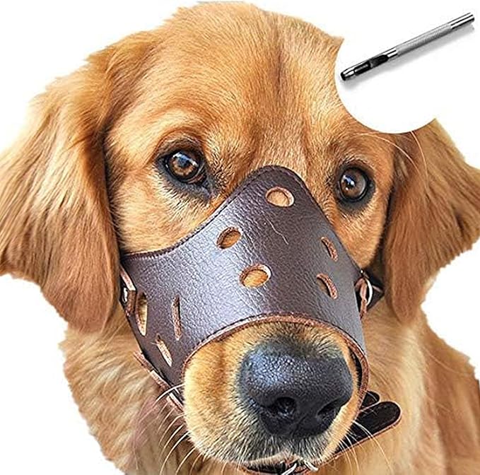 BARKLESS Dog Muzzle Leather, Soft Secure Anti-Barking Leather Muzzle for Large Sized Dogs to Prevent Biting, Breathable and Adjustable, Allows Drinking and Panting, Used with Collars