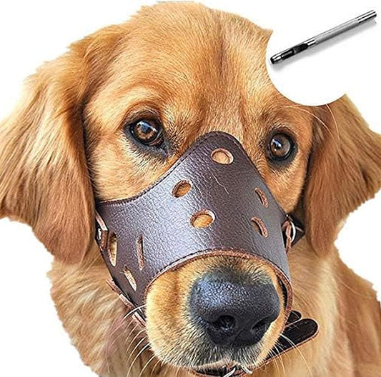 BARKLESS Dog Muzzle Leather, Soft Secure Anti-Barking Leather Muzzle for Large Sized Dogs to Prevent Biting, Breathable and Adjustable, Allows Drinking and Panting, Used with Collars