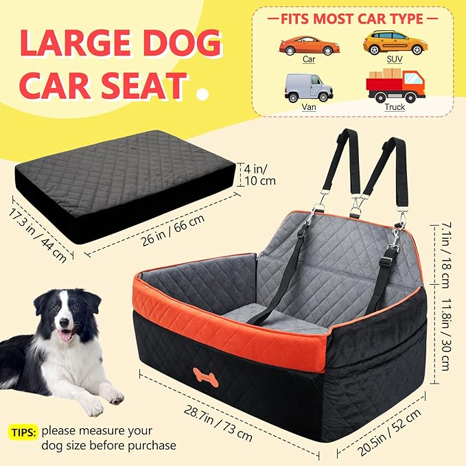 Dog Car Seat for Medium Large Dogs, Detachable Washable Pet Booster Seat with Memory Foam Cushion, Side Pockets, 2 Clip-On Safety Leashes Pet Car Seat for Dog Up to 60 lbs/2 Small Dogs-Black