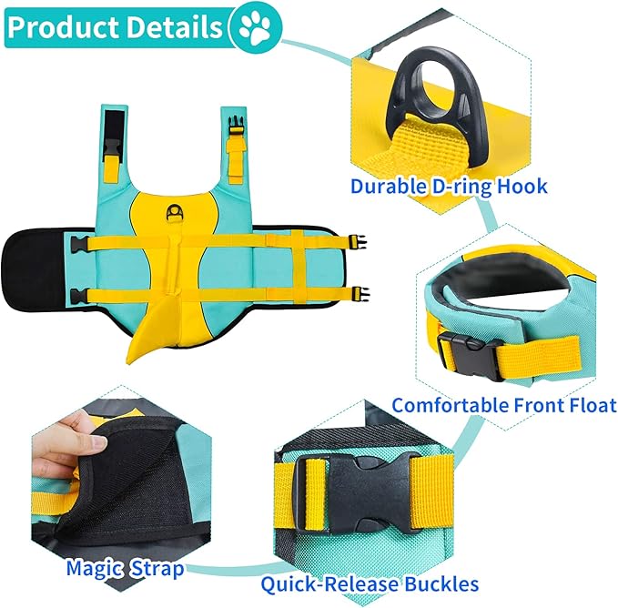 Malier Dog Life Jacket, Ripstop Dog Life Vest with High Buoyancy for Swimming Boating, High Visibility Shark Puupy Lifesaver for Small Medium Large Dogs (X-Large)