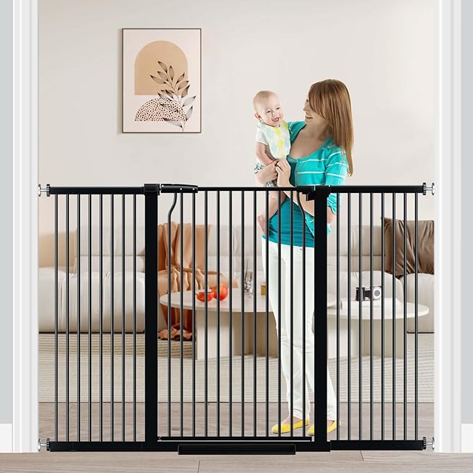 Fairy Baby 40.5" Extra Tall Baby Gate Pressure Mounted, 60.3"-65.7" Extra Wide Dog Gate Indoor for the House Doorway, Metal Safety Child Gate for Kids, Auto Close Swing Pet Gate for Stairs, Black