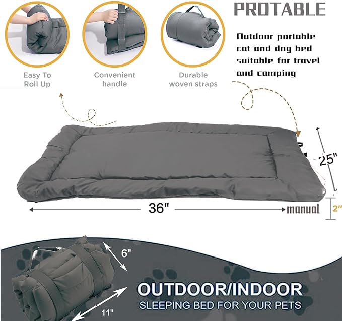 YOFANG Outdoor Travel Dog Bed Mat Large, Portable Crate Mat Waterproof Anti-Slip, Kennel Pad Washable, Pet Camping Beds Nylon Fabric, Easy to Clean for Outdoor/Indoor and Car Mat, 36"x25" Grey
