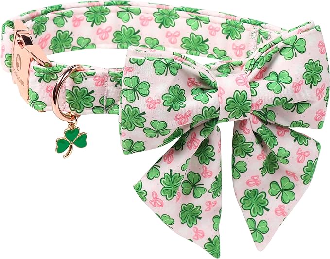 DOGWONG St. Patrick's Day Shamrock Dog Collar with Sailor Bow,Pink Green Four Leaf Clover Pattern Dog Collar, Adjustable Durable Soft Collars Irish Gift for Girl Female Dogs,XL