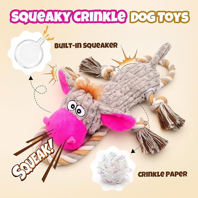 Squeaky Dog Toy Set - 2-Pack Crinkle No Stuffing Plush Dog Toys with Rope for Small to Large Dogs, Interactive Toys for Tug Play