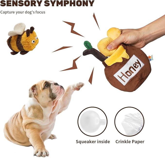 Hide and Seek Plush Stuffed Dog Toys, Squeaky Chew Toys with Crinkle Papper, Funny Toy Bundle Pack Perfect for Small, Medium and Large Dogs Reduce Boredom, Teeth Cleaning (Honey Jar)