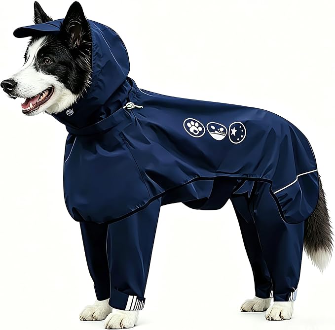Dog Raincoat, Full-Body Hooded All-Weather Jacket, Waterproof and Windproof with Reflective Strips, Suitable for Large Dogs, L
