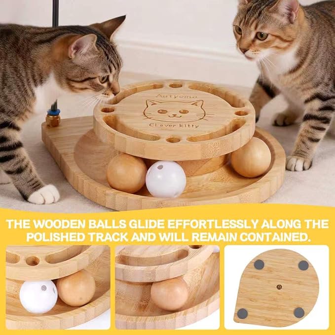 Interactive Cat Toy for Indoor Cats - Cat Wand & Track Ball, 15 Replacement Heads, 2 Wooden Balls & 1 Bell Ball, Anti-Slip Base, Easy Assembly Cat Teaser for Kittens & Adult Cats