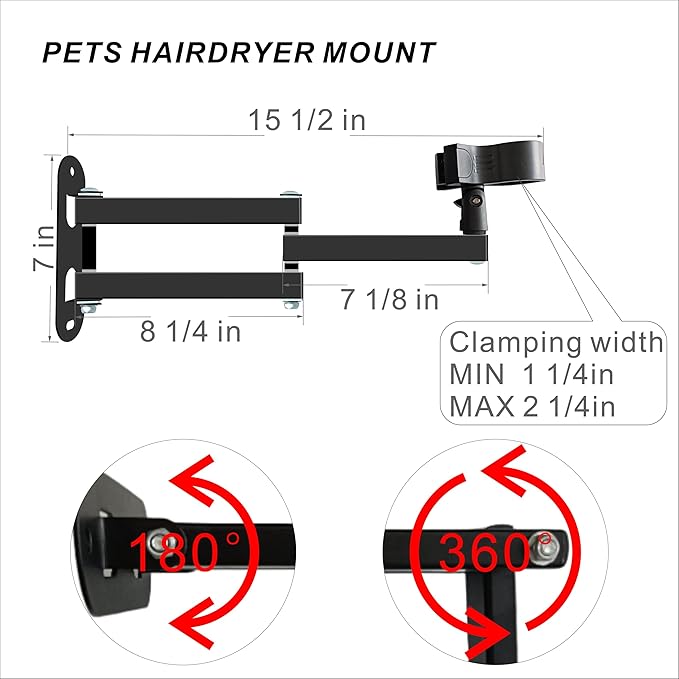 Pet Hair Dryer Wall Mount Stand Hose Tube Holder: Hands-Free Adjustable & Foldable Metal Arm Bracket with Universal Clamp for Dog Cat Grooming, Home & Professional Use