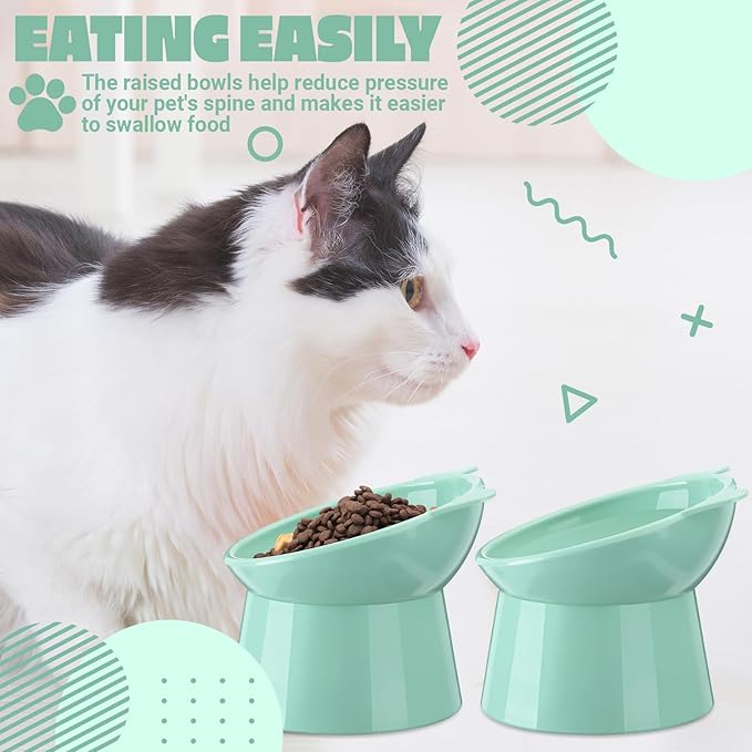 Zhehao 2 Pcs Elevated Cat Bowl Set, Tilted 15° Plastic Raised Food and Water Bowls Anti Vomit Pet Feeding Dishes for Indoor Cats/Small Dogs(Cat Ears,Green)