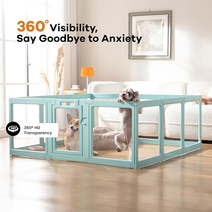 Clear Acrylic Dog Playpen Indoor, Puppy Cat Small Pet Play Pen, Pet Cat Playpen for Rabbits, Dog Fence Crate Kennel Whelping Cage (Green, 12 Panel)