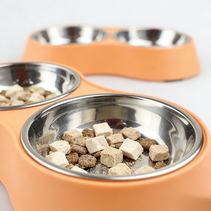 Small Orange Double Pet Bowl – Non-Slip Stainless Steel Food & Water Set for Cats, Kittens & Small Dogs, BPA-Free Mess-Free Feeding Dishes