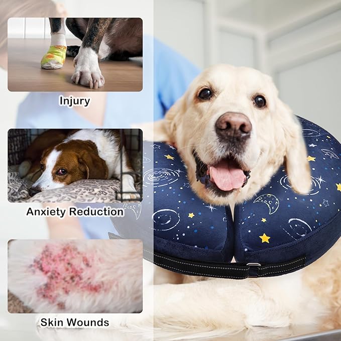SCENEREAL Dog Cone Alternative After Surgery Donut Collar, Soft Pet Recovery Pillow Collar for Medium Large Dogs, Inflatable Adjustable Neck Collars to Prevent Licking, Planet Print E-Collars L