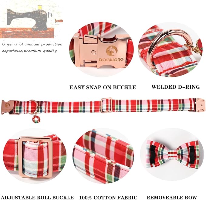 DOGWONG Christmas Dog Collar with Bow Tie - Christmas Red Plaid Puppy Collar, Adjustable Red Checkered Dog Collars for Girl Boy Dogs, S