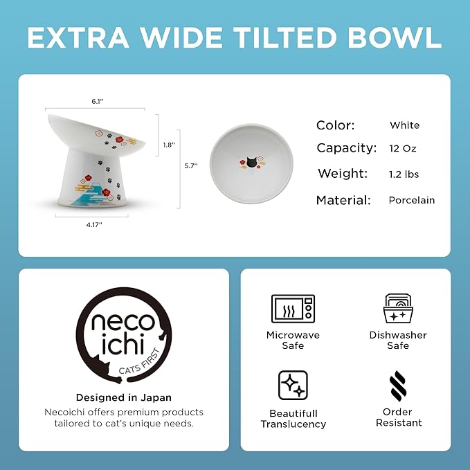 Necoichi Elevated Cat Food Bowl, Ceramic (Porcelain),15° Tilted, Whisker-Friendly, Dishwasher, Microwave Safe, Non-Slip, Anti-Vomiting, Neck Fatigue (Fuji, Extra Wide Tilted, 1.5-Cups Capacity)