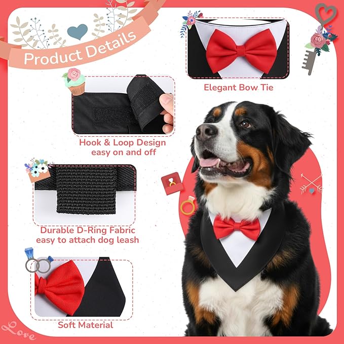 Gilprop 4 Pcs Formal Dog Outfit Dog Tuxedo Sets with Bowtie Wedding Dogs Bandana Collar with Nylon Leash Wedding Outfit Suit Adjustable Pet Party Costumes for Birthday(Black,Red,Large:21"-24.5")