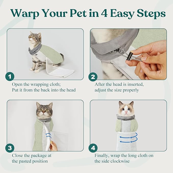 Supet Cat Grooming Wrap for Cutting Nails, Self-Adhesive Anti-Scratch Swaddle with Bite-Proof Mesh Hood & Thick Waist Strap Anti-Escape Bag for Nail Trimming, Medication, Ear Cleaning (Green L)