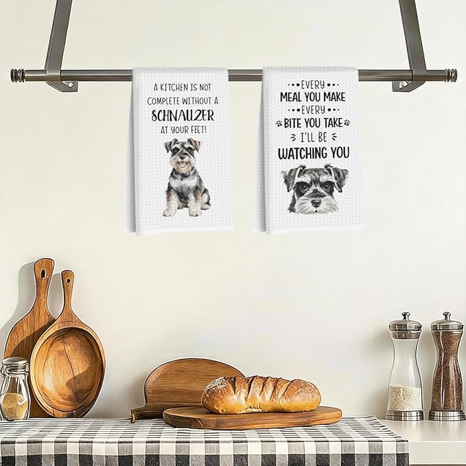 2Pcs Schnauzer Kitchen Towels 24x14 Inch, Schnauzer Gifts for Woman Mom, Reusable Waffle Weave Microfiber Absorbent Hand Tea Dish Towels for Kitchen Bathroom Decor, Dog Lovers Gifts for Women Friend