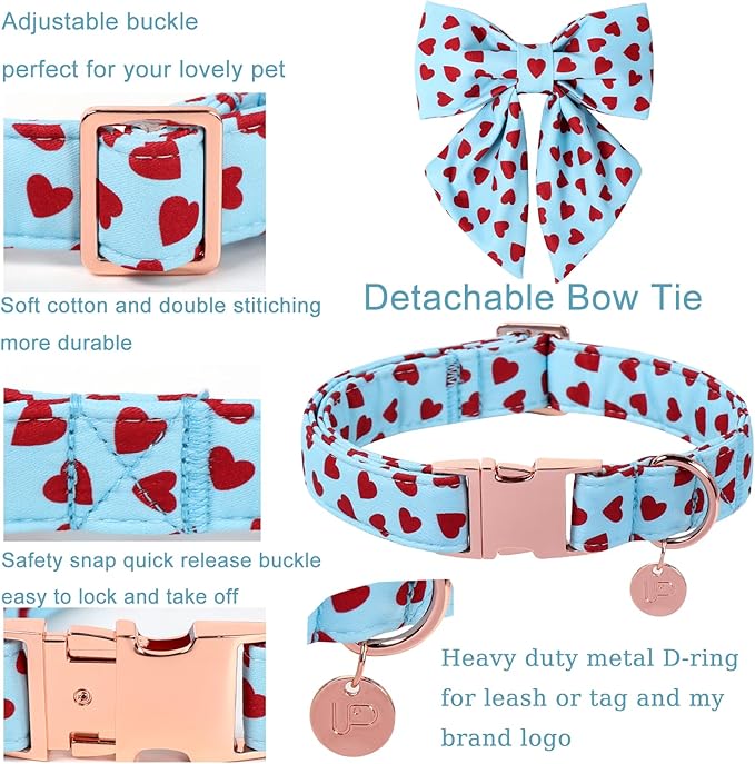 Valentine's Dog Collar & Bow Tie Set,UP URARA PUP Soft & Comfortable Pet Collar with Premium Plastic Buckle for Small, Medium, Large Dog,L