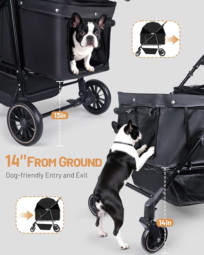Dog Stroller for Large & Medium Dogs (Up to 66lbs), Pet Stroller for 2 Small Dogs with Adjustable Handle & Canopy, Sun Shades, Storage Organizer, Foldable & Ventilated,Black