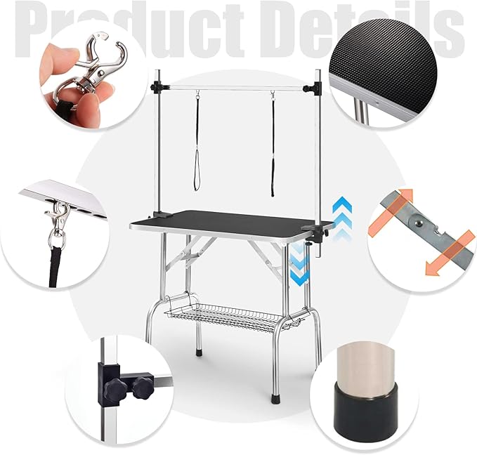 36 Inch Professional Adjustable Pet Grooming Table Heavy Duty with Arm Noose & Mesh Tray for Dog Cat Shower Table Maximum Capacity Up to 265Lb, Black