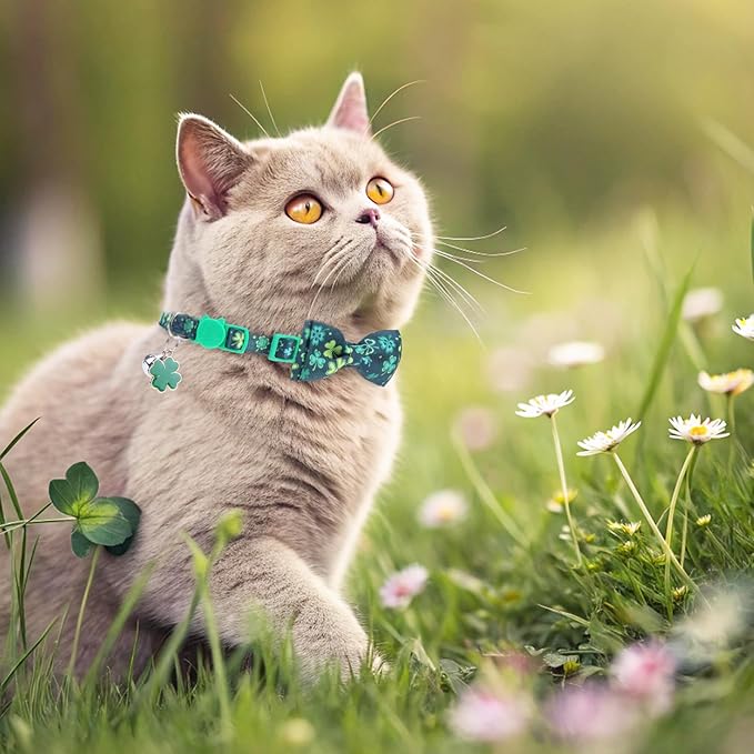 PUPTECK Cat Collar Breakaway with Bells, Kitten Collar Outfit Adjustable for Girl Boy Small Pet Puppy Bunny, Cute Costume Accessory with Safety Release Buckle (Bowtie-St. Patrick Day)