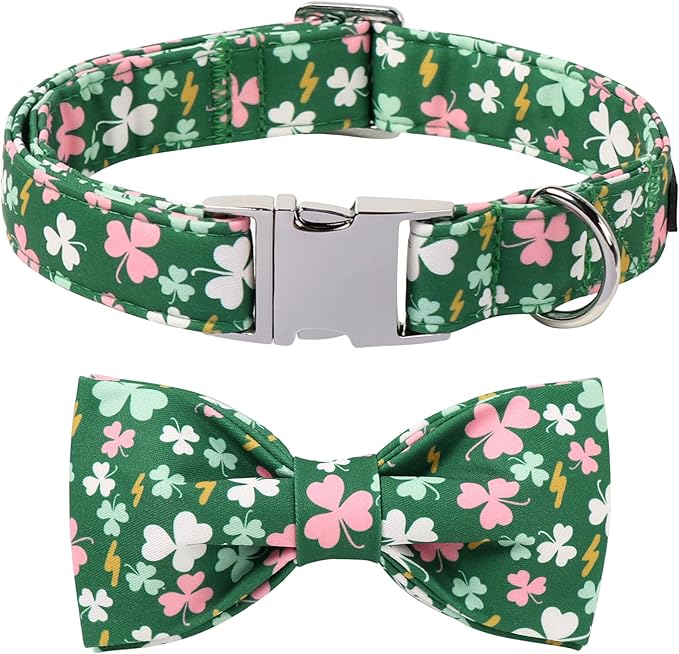 Lionet Paws St. Patrick Dog Collars with Bow tie,Cute Pink Clover Green Dog Collar Bow Tie for Large Dogs Female, Neck 16-24 inches