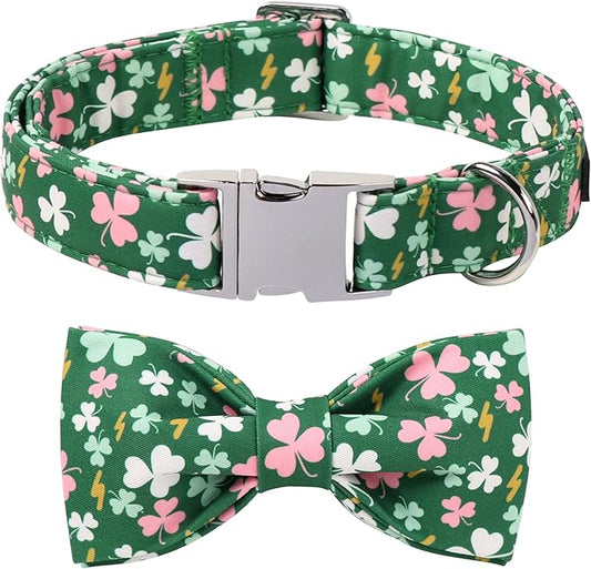 Lionet Paws St. Patrick Dog Collars with Bow tie,Cute Pink Clover Green Dog Collar Bow Tie for Large Dogs Female, Neck 16-24 inches