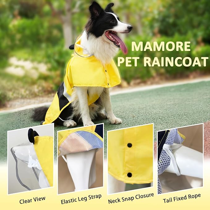 Dog Raincoat, Waterproof Reflective Adjustable Hooded Dog Rain Coat with Leash Hole, Lightweight Breathable Pet Poncho for Dogs (Yellow Bee, Medium(13-22lb))