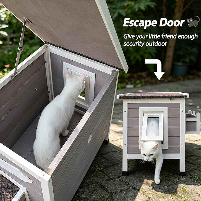 Rockever Heated Cat House for Outside Cats in Winter, Large Heated Cat Houses with Heating Pad, Wooden Outside Cat Shelter Weatherproof with Escape Door