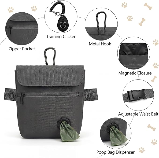 Dog Treat Pouch and Dog Training Clicker, Treat Bag with Poop Bag Dispenser, Powerful Magenetic Clasp, Metal Clip Waist Belt Fanny Pack for Pet Walk Dog Training (Dark Grey)