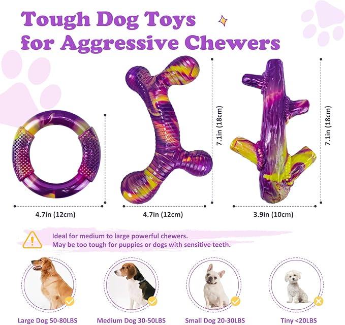 Furdog Indestructible Dog Toy 3Pack, Dog Chew Toys for Aggressive Chewers, Tough Dog Toys to Keep Them Busy for Medium Large Breed, Bacon Flavor (Purple)