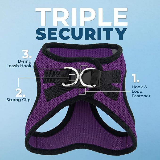 Best Pet Supplies - All Weather Mesh/Plush, Reflective, No Pull Harness for Small, Medium Dogs, Cats - Secure with Hook & Loop Fastener, Buckle, Double D-Rings - Purple/Black Trim, L