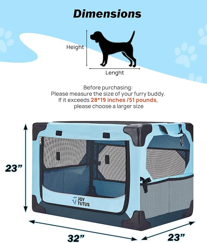 JOYTUTUS Pet Day Special, 32 Inch Collapsible Dog Crate, Steel Frame 8-Bar Foldable Soft Kennel, Portable Travel Crate for Large Dog Up to 51lbs, Oxford Cat Carrier Fit for Car Travel Indoor Outdoor
