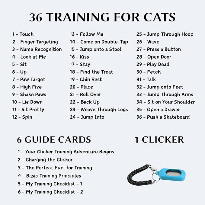 Cat Clicker Training Kit with 36 Trick Cards - Complete Set Includes Pet Clicker & Progress Chart for Fun, Bonding, and Positive Behavior Training in Cats & Kittens