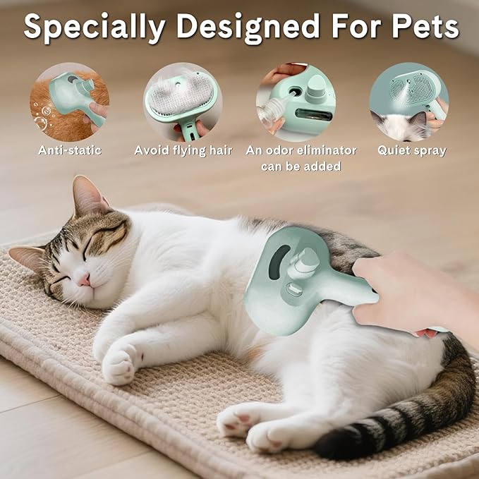 Pet Steam Brush for Dogs & Cats - 3-in-1 Deshedding & Detangling Tool with Steam Spray, Anti-Static Grooming Brush for Long/Short Haired Pets, Waterless Cleaning & Massage(Green)