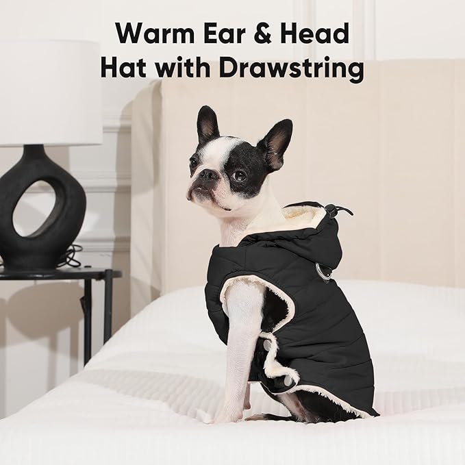 Vecomfy Fleece Lining Dog Hoodie with Harness Built in,Extra Warm Medium Dog Jacket in Winter Doggie Coats with Drawstring Hooded,Black XL
